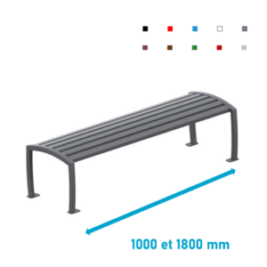 Banquette longue en métal gris Atlantide avec pieds incurvés, longueur réglable entre 1000 et 1800 mm.
