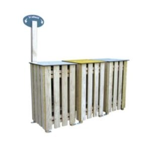 Corbeille en bois ronde pour tri sélectif, capacité 100 L par bac, modèle 2 à 3 corbeilles, couleur naturelle avec séparations.
