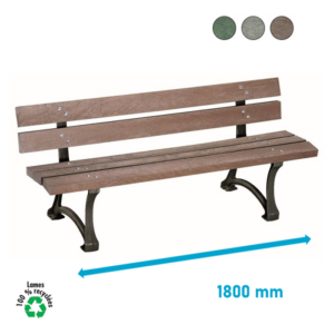 Banc GLASGOW en plastique recyclé couleur marron, assise et dossiers en lattes sur cadre fonte, longue de 1800 mm.