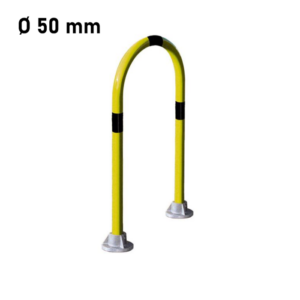 Potelet Ø 50 mm jaune et noir sur platine en fonte d'aluminium, protégé et délimitant une zone de circulation en atelier.