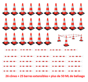 Kit balisage 50 mètres: cônes orange-blanc et barres extensibles pour chantier – variété de cônes, barres et rubans; 26 cônes + 25 barres extensibles.