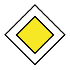 Panonceau diamant jaune avec contour noir et double ligne blanche, symbolisant un avertissement.