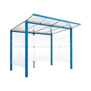Support vélo à 6 places OPTIMUM: structure bleue avec toit translucide et parois latérales, conçu pour maintenir les roues en place.