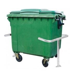 Conteneur poubelle vert sur roues avec cadre métallique et toit, version avec support pour fixation murale.