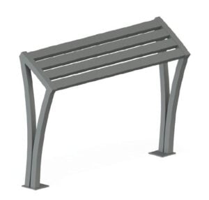 Fauteuil Atlantide métallique en gris avec structure angulaire et assise composée de lattes.