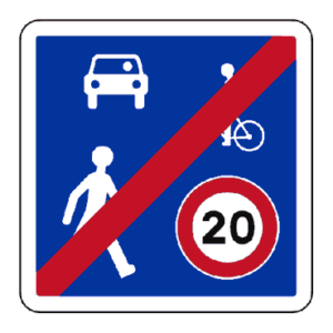 Panneau orange et blanc montrant une zone de rencontre, avec piéton, voiture et vélo, et interdiction de dépasser 20 km/h.