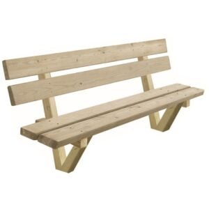Banc public en bois de pin « Croissy », clapets plats et structure simple en bois naturel.