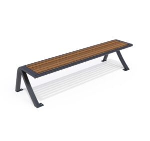 Banc LIMBA en acier galvanisé peint, plateau en lames de stratifié compact bois, style banc public Metropole Equipements.