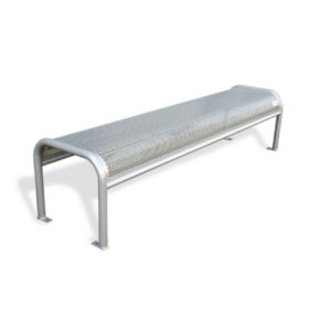 Banc perforé en acier galvanisé, cadre simple avec piétement en U, fixé sur platines, longueur 2090 mm et design moderne.