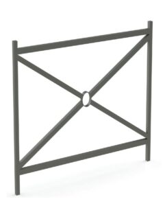 Barrière de rive en acier galvanisé avec motif croisé central et rondelle, fixation à sceller, style classique et robuste.