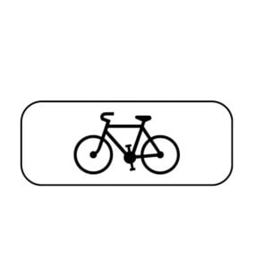 Panneau rectangulaire à bord arrondi, silhouette de bicyclette noire au centre, sur fond blanc, indiquant un parc de stationnement.