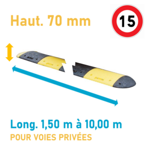 Ralentisseur de 70 mm de hauteur pour voies privées, deux blocs jaunes et gris, incompatibilité horizontale montrant longueur 1,50 à 10,00 m et flèche bleue.