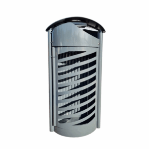 Corbeille extérieure Hellebore, poubelle 65 L, design grille inclinée et capot , structure métallique grise.