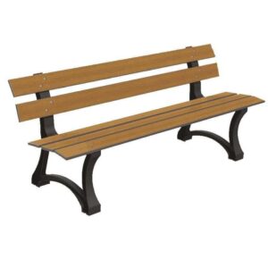 Banc urbain Amarante 2 en HPL aspect teck, longueur 180 cm, assise 40 cm, pieds fonte noir, fixation au sol béton.