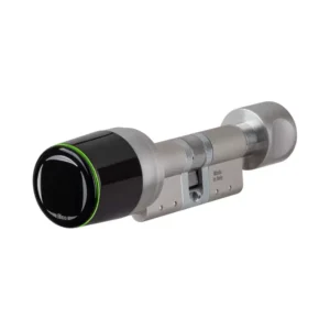 Serrure connectée pour abris vélos sécurisés: serrure cylindrique moderne montée sur support métallique, bouton noir avec anneau vert et mécanisme de fixation.
