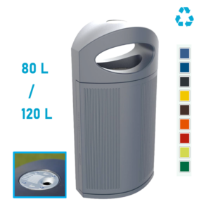 Corbeille TOSCANA 60 litres en polyéthylène haute densité, fermeture pratique, couleur grise, recyclable et traitée anti-UV, capacité 80 L/120 L affichée.
