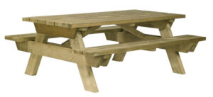 Table pique-nique BERLIN en bois massif, style table et bancs intégrés sur piquets robustes, prêt pour extérieur.