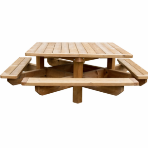 Table pique-nique BERLIN en bois massif, robuste et anti-vandalisme, with bancs intégrés et plateau rectangulaire.
