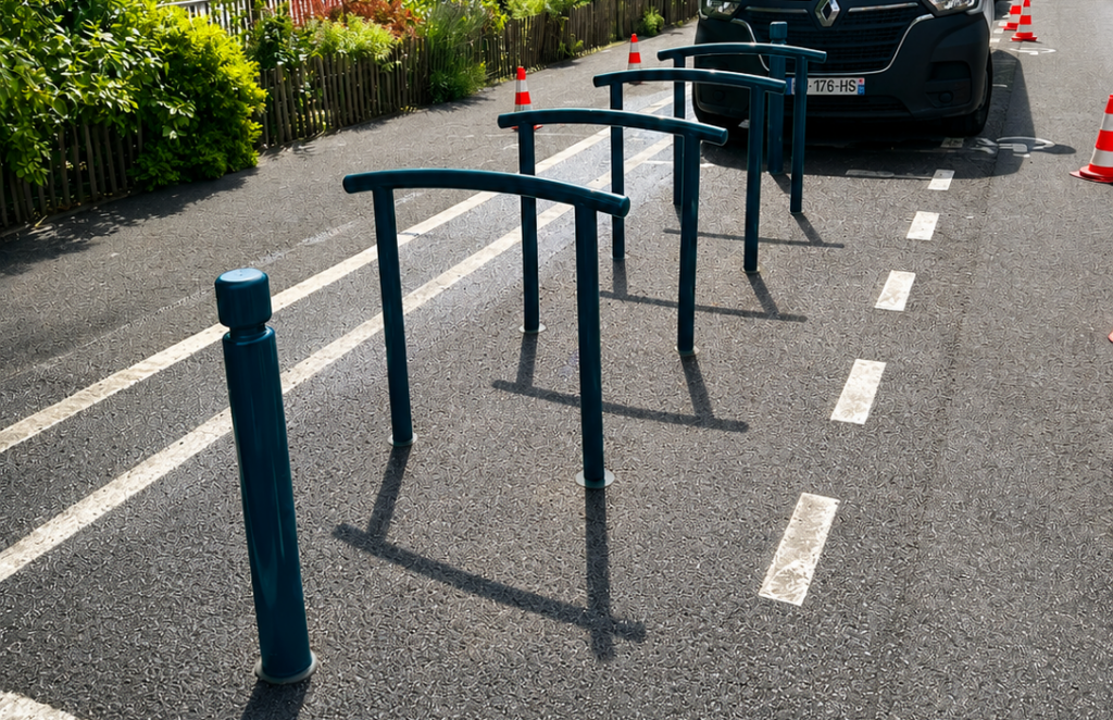 Buts de protection en métal bleus sur une chaussée, marquage blanc et voiture à l'arrière, cônes orange sur le chemin.