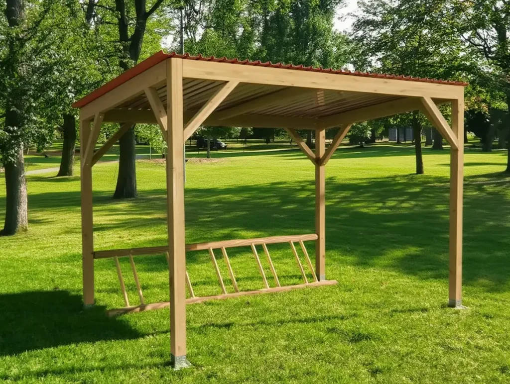 Abri en bois avec bancs et échelle de gymnastique, posé sur l’herbe d’un parc, entouré d’arbres. Mobilier fitness extérieur.